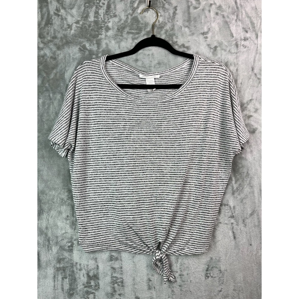Caution to the Wind Striped Tie‎ Front Top Women’s Large Gray White Short Sleeve